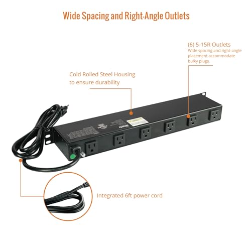 Tecmojo 1U Rackmount Network-Grade PDU, 12 Wide-Spaced Right Angle Outlets, Circuit Breaker 12A (UL Certified 12A) 6ft Cord w/ 5-15P Plug, Black - size: 12 Outlets/12A/Overloading Protection