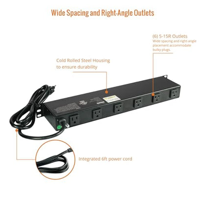 Tecmojo 1U Rackmount Network-Grade PDU, 12 Wide-Spaced Right Angle Outlets, Circuit Breaker 12A (UL Certified 12A) 6ft Cord w/ 5-15P Plug, Black - size: 12 Outlets/12A/Overloading Protection
