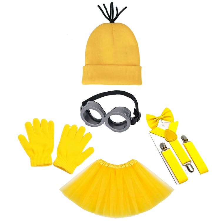 Halloween Costume Accessories Set, Yellow Beanie, Goggles, Suspenders with Bow Tie, 5 Pieces, for Boy and Girl Cosplay Party - color: Yellow6