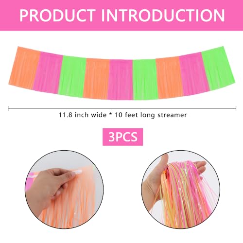 BEISHIDA Fluorescent Fringe Garland Banner 30ft Wall Tinsel Foil Streamers - color: Fluorescent Yellow Purple Orange