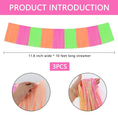BEISHIDA Fluorescent Fringe Garland Banner 30ft Wall Tinsel Foil Streamers - color: Fluorescent Yellow Purple Orange