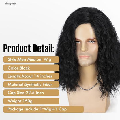 Mens Black Curly Wig Mid Length Wavy Synthetic Hair Wigs for Men Male Costume Party Cosplay Halloween or Fun (14inch, Black) - color: Short Black