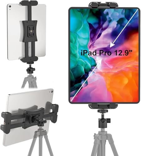 Tablet Tripod Mount Adapter with Ball Head, Holder for 4.7-12.9 Inch Tablets, Compatible with iPad Pro, Air, Mini, Selfie Stick, Monopod