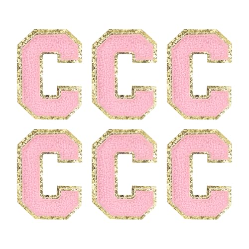 MECCANIXITY Chenille Letter Patches 2.2" Self Adhesive Alphabet C Stick on Embroidered Patch Sew on Letter Stickers Applique for Repairing Clothing Jeans Shoes Hats DIY(Pink, Pack of 6) - style: Letter-C