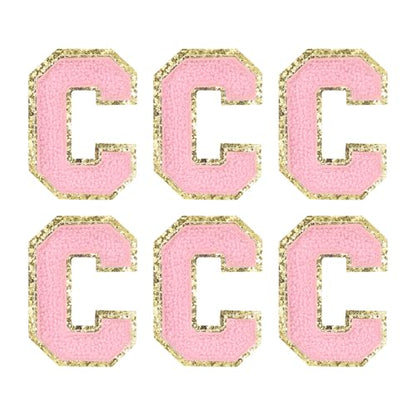 MECCANIXITY Chenille Letter Patches 2.2" Self Adhesive Alphabet C Stick on Embroidered Patch Sew on Letter Stickers Applique for Repairing Clothing Jeans Shoes Hats DIY(Pink, Pack of 6) - style: Letter-C