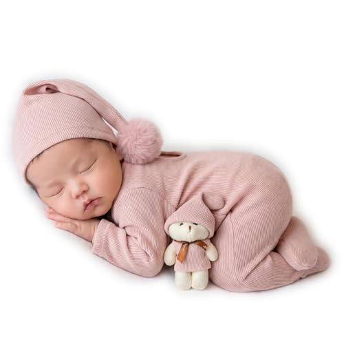 Zeroest Newborn Photography Bear Outfit Baby Photoshoot Props | New Born Boy Girl Hat Clothes Set, Infant Photo Prop Outfits - color: Soft Pink