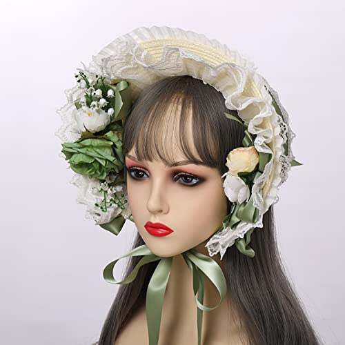 COSDREAMER Girls Women Victorian Bonnets Lace Flowers Tea Party Hats - color: Light Green