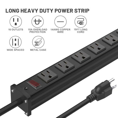 QBA 16 Outlet Metal Power Strip, Long Power Strip with 10FT Extension Cord, Wall Mount Heavy Duty Power Strip for Home Office Garage Warkshop, ETL Certified, Black