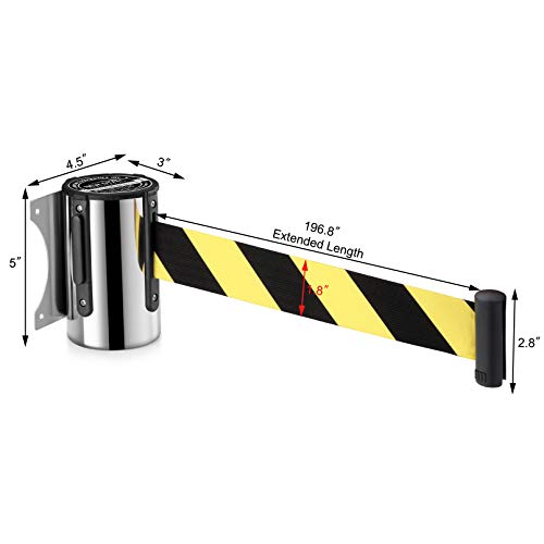 New Star Foodservice Wall Mount Retractable Belt Barrier, 16 ft Stainless Steel Crowd Control Safety Belt, Fixed Wall Mounted Queue Barrier with Black and Yellow Belt for Warehouses and Entryways - size: 16 Foot (Hazard Belt)