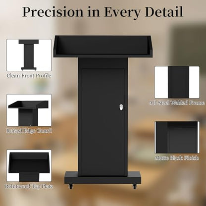 Podium Stand with 4 Locking Wheels, Heavy-Duty Metal Lectern with Large Lockable Storage Cabinet, Flat Desktop for Church, School, Office, and Conference, 43.7" H, Black - color: Classic Rectangular Steel - Black