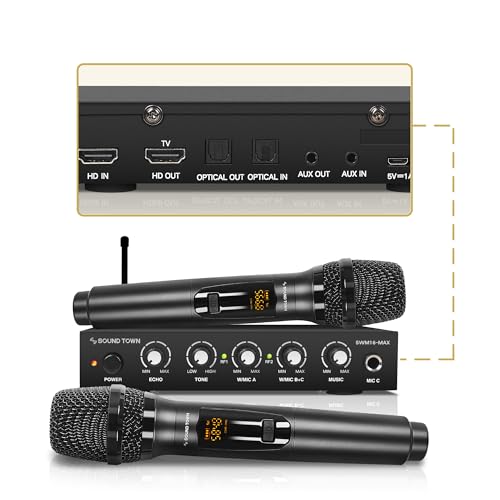 Sound Town Wireless Microphone Karaoke Mixer System with HD Audio Return Channel, Optical (Toslink), AUX, Supports Smart TV, Media Box, PC, Bluetooth, Soundbar, Receiver (SWM16-MAX) - color: Black