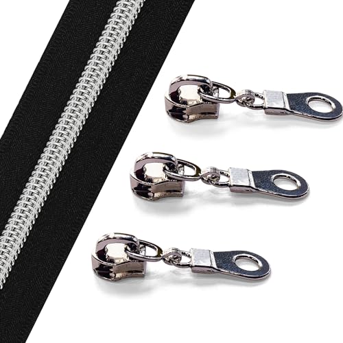 Sawoake 10 Yards Bulk #5 Nylon Coil Zipper With Silver Teeth, Black - Replacement for DIY Sewing Craft Bags With 10 Sliders (#5 Silver Black) - color: Silver-Black