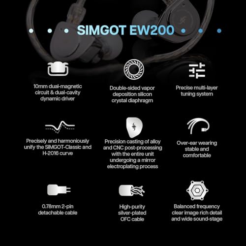Linsoul SIMGOT EW200 10mm SCP Diaphragm Dynamic Driver IEM in-Ear Earphones | with All Metal Body, Detachable 0.78mm 2pin Silver-Plated OFC Cable for Audiophiles Musicians, 3.5mm with Mic - style: EW200 With Mic