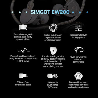 Linsoul SIMGOT EW200 10mm SCP Diaphragm Dynamic Driver IEM in-Ear Earphones | with All Metal Body, Detachable 0.78mm 2pin Silver-Plated OFC Cable for Audiophiles Musicians, 3.5mm with Mic - style: EW200 With Mic