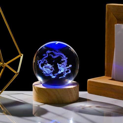 3D Dragon Phoenix Gifts for Women - Crystals Ball 60mm - Dragon Phoenix Figurines Decor Glass Animals Figurine - Stuff for Room Birthday for Best Friend Lovers Keepsake Paperweight - style: Dragon Phoenix