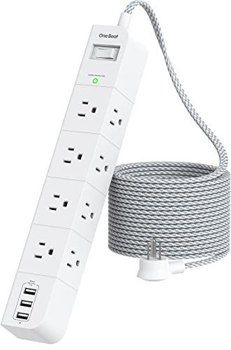 One Beat 10 ft Extension Cord,Power Strip Surge Protector 8 Widely AC Outlets 3 USB,Flat Plug,Desktop Charging Station with Overload Protection,Wall Mount for Home,Office,Travel,Computer ETL Listed - color: White, size: 10FT