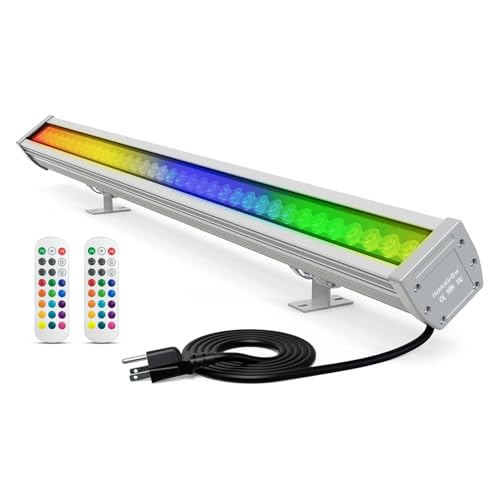 LED Wall Washer Light with RF Remote, 144W RGBW Color Changing Linear Bar Light, AC120V Waterproof RGB CCT Wall Washing Lamp for Outdoor and Indoor Lighting Projects, Plug & Play