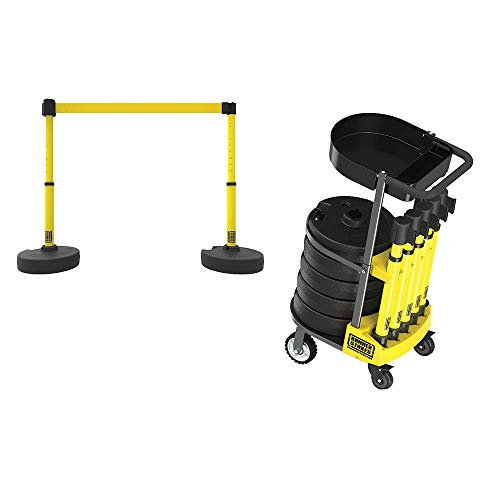 PL4000-YT Plus 75 ft Belt Barrier w/Cart Package & Tray | Mobile System, 5 Telescoping Stanchions, 15 ft Yellow Blank Retractable Banners, Accessory Tray - style: Yellow