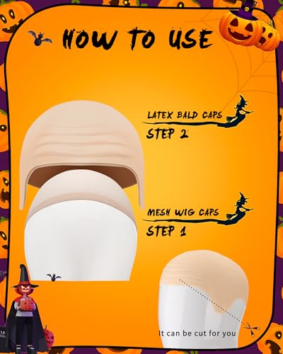 Hoedia 2-Pack Latex Bald Caps for Adults with 2 PCS Wig Caps, 11x7 in | Bald Head Wig Cap for Adults Women Men, Costume Accessories for Halloween Makeup Party, Themed Cosplay - size: 11x17 Inch