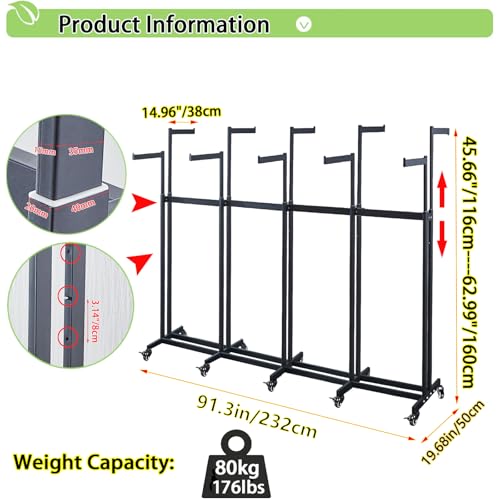 Floor Standing Metal Garment Rack - Heavy Retail Display Racks With Wheels | 10 Arms Clothing Rack, Square Tubing Portable Shirt Rack, Merchandise Display RackFor Hanging Clothes (XL-Black) - color: XL-Black