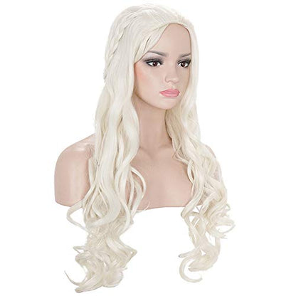 Long Blonde Braided Cosplay Wig Womens Blond Wavy Curly Synthetic Hair Wigs for Halloween Costume Party(Light Blonde) - color: Light Blonde, size: Long