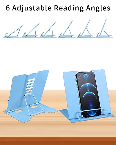 MSDADA Small Desk Book Stand Metal Reading Rest Book Holder | Adjustable Cookbook Documents Holder Portable Sturdy Bookstands for Recipes Textbooks Tablet Music Books(Light Blue) - color: Light Blue