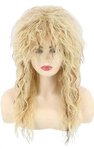 Topcosplay Blonde 80s Tina Rock Diva Wig Mullet Wigs for Men or Women Curly Long - color: Blonde mix Brown