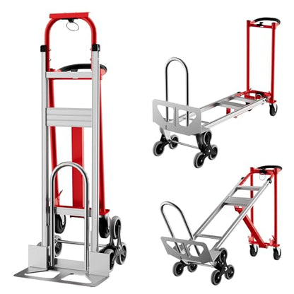Heavy Duty Aluminum Hand Truck, 3-in-1 Convertible Folding Dolly Cart, Stair Climbing Hand Truck with Wheels, Industrial Platform Trolley for Warehouse, Home, Office & Transport Moving - color: Red+silver