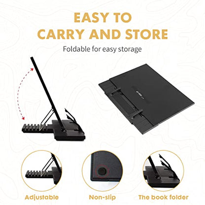 Barelove Desktop Document Book Holder, Metal Foldable Reading Rest Book Stand Easel with 7 Adjustable Positions and Paper Page Clip, Great for iPad Laptop Cookbook Textbooks Tablet Music Sheet Recipe - color: Luxury Black