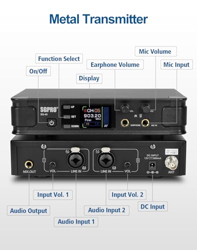 SGPRO Wireless in-Ear Monitor System, IEM System Mono with Metal Transmitter, Bodypack Receiver Monitor Earphones, 85 Adjustable Frequencies 262ft Operation for Bands, Studio & Events