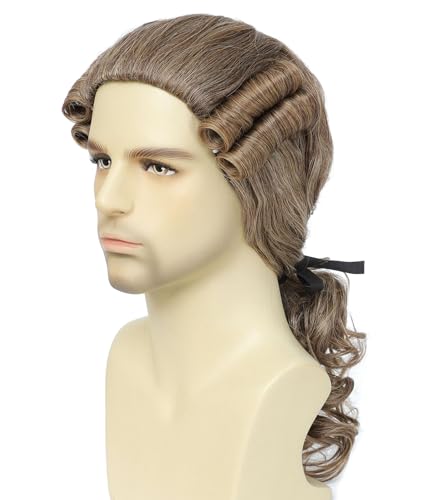 Adequate Men's Colonial Judge Wig, 18th Century Gentleman Curly Wig with Ribbon, Historical Wig for George Washington Halloween Cosplay Costume Party (Blonde) - color: C-Blonde