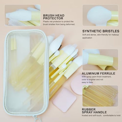 Yellow Make up Brush Set – 18PCS Makeup Brushes for Powder, Foundation, Eyeshadow – With Rubber Coated Handles, Painted Aluminum Ferrules, Travel Bag & 2 Makeup Sponges– For Women & Beginners - color: Yellow