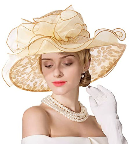 Women Derby Fascinator Hat Organza Church Wedding Hats Wide Brim Cocktail Tea Party Hat - color: 06 Gold