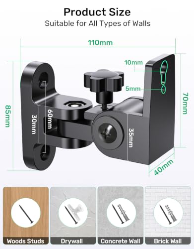 Surround Rear Speaker Wall Mount, Up to 32 lbs, Swivel and Tilt, 2 Pack | Zinc Alloy Mount, Fits Keyhole and Thread Hole, for Small Bookshelf Speakers, Works with Klipsch, LG, Polk, Sony and More - size: 2 Pack