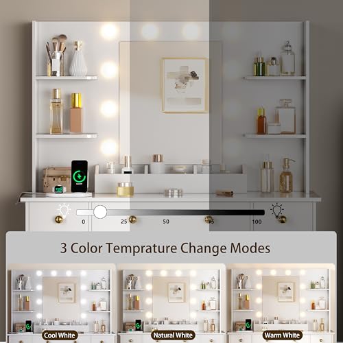 HUANLEGO Vanity Desk with Mirror and Lights, Makeup Vanity with Charging Station & Vanity Stool, 3 Drawers and Cabinets White Vanity Mirror with RGB LED Lights Vanity Desk and Chair for Women | Makeup Vanity Mirror with Lights Desk and Chair, Charging Sta