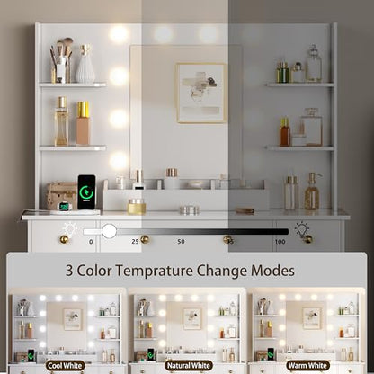 HUANLEGO Vanity Desk with Mirror and Lights, Makeup Vanity with Charging Station & Vanity Stool, 3 Drawers and Cabinets White Vanity Mirror with RGB LED Lights Vanity Desk and Chair for Women | Makeup Vanity Mirror with Lights Desk and Chair, Charging Sta