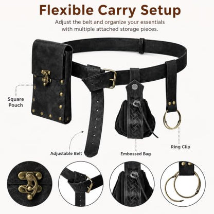 Renaissance Belt Pouch Set, Medieval Viking Pirate Leather Bag, Steampunk Waist Bag Skirt Hike Set, Halloween Cosplay Costume Accessories for Men Women (Black) - color: Black