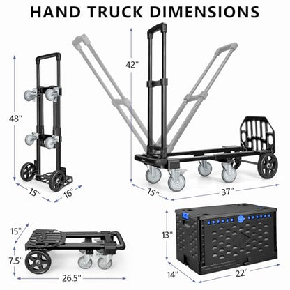 KEDSUM 4-in-1 Convertible Dolly Cart with Folding Crate, 600LBS Heavy Duty Hand Truck Dolly, Hand Truck with Adjustable Handle Angle & Expandable Base for Home,Warehouses,Dorm, Collapsible - size: 600LBS-6 Wheels with Folding Crate