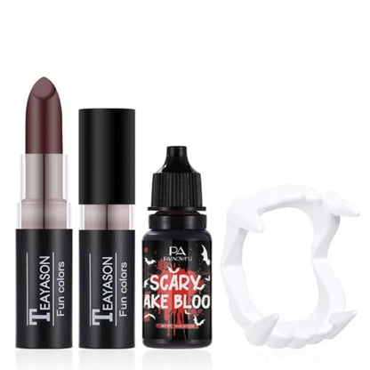 Vampire Makeup Set - Fake Teeth Kit with Washable Fake Blood Realistic vampire teeth, Red Lipstick, Halloween SFX Cosplay Makeup Set for Vampire Costumes , Theatre,Cosplay - color: Red