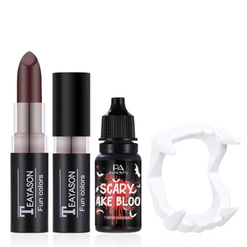 Vampire Makeup Set - Fake Teeth Kit with Washable Fake Blood Realistic vampire teeth, Red Lipstick, Halloween SFX Cosplay Makeup Set for Vampire Costumes , Theatre,Cosplay - color: Red
