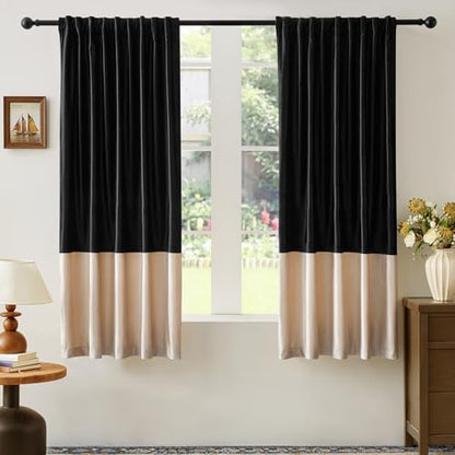 Luxury Black Beige Velvet Blackout Curtains 63 inches for Living Room - color: Black & Champagne, size: 52"W x 63"L (Pack of 2)