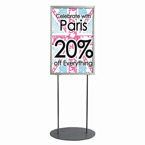 M&T Displays Metal Oval Info Board Silver 24x36 Inches Slide-In Poster Sign Holder 1 Tier Double Sided Floor Standing Pedestal Advertising Display with Backing and Anti-Glare PET Cover - color: Silver