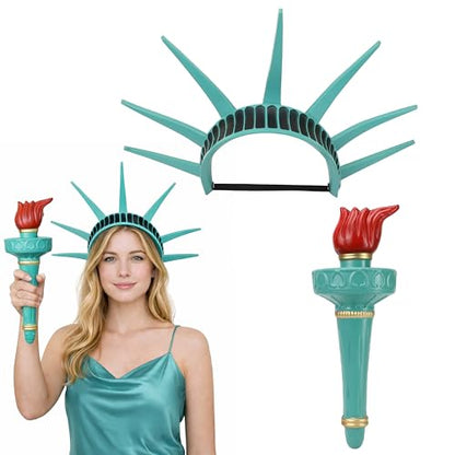 2pcs Statue of Liberty Crown and Torch Set, Statue of Liberty Light Costume Accessories, Wearable Hat Headband Headpiece Kit for Lady Adult Women, Independence Day Cosplay, Halloween, Patriotic Props