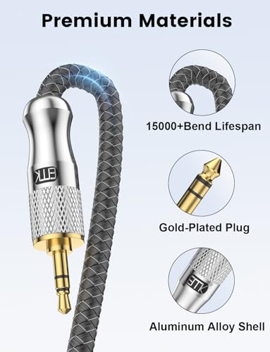EMK Premium 1/8" to 1/4" (3.5mm to 6.35mm) TRS Stereo Cable - Nylon Braided Male to Male Adapter for Guitar, Keyboards, Amps & Studio Gear (10Ft/3M) - Gold-Plated, Noise-Free - size: 10 Feet, style: 1/8 to 1/4 Stereo Cable
