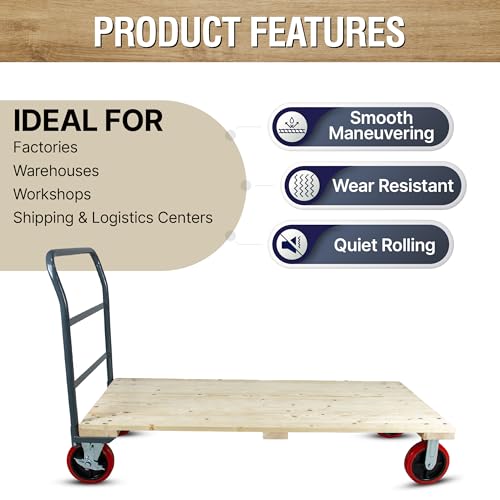 Heavy Duty 2000LB Hardwood Flatbed Platform Cart – 60” x 30” Industrial Dolly Hand Push Truck, 8'' Swivel Locking Wheels – Super Heavy Duty Commercial Moving - color: Plain Cart-wood, size: 60 x 30 Inch