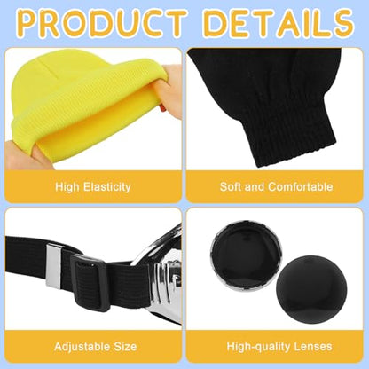 18 Pcs Yellow Cartoon Character Costume Accessory Adult Halloween | Steampunk Yellow Beanie Hat Goggles Gloves Set, Cosplay Themed Dress Up, Group Costume Men Women