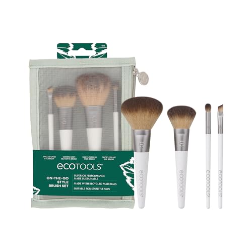 EcoTools On-The-Go Makeup Brush Kit, Travel Makeup Brush Set | Easy touch-ups anywhere with travel makeup brushes for face and eyes, mini makeup brushes with synthetic hair, plus brush bag - size: 4 Piece Set