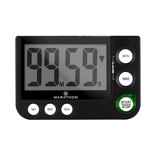 MARATHON 100-Minute Digital Timer with 3 Memory Presets, Black | Adjustable alarm volume, count-up and countdown functions, magnetic back and tabletop stand
