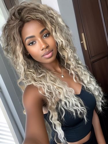 GNIMEGIL 26 Inch Ombre Ash Blonde Curly Wig 80s Long Wavy Wigs For Women Fluffy Synthetic Fiber Carnival Party Halloween Costume Big Volume Hair Brown Shades Blonde Realistic Hairstyle - color: Ash Blonde