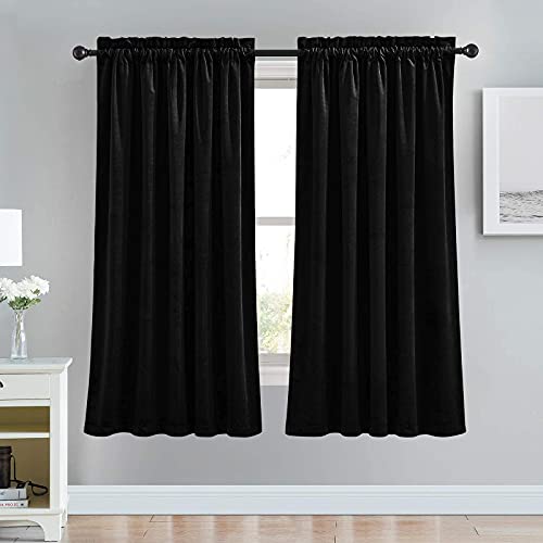 RYB HOME Black Velvet Curtains 63 inches Long - Super Soft Light Heat Block Blackout Small Window Treatment Panels for Bedroom Living Room Dining Backdrop, W 52 x L 63 inch, 2 Panels - color: Black, size: 52"W x 63"L (Pack of 2)